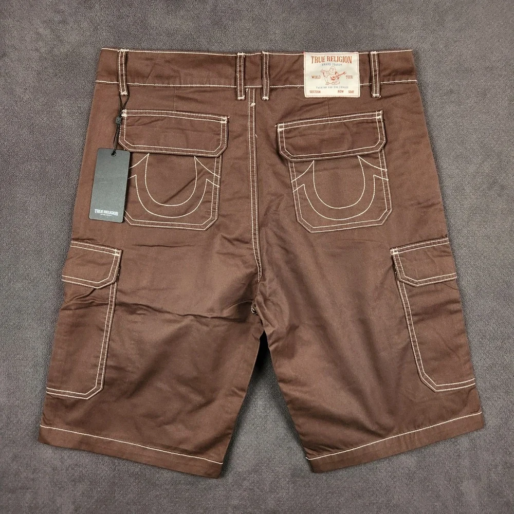 True Religion Cargo Shorts Mens 34 Bracken Brown Contrast Big T Stitch NEW‎
